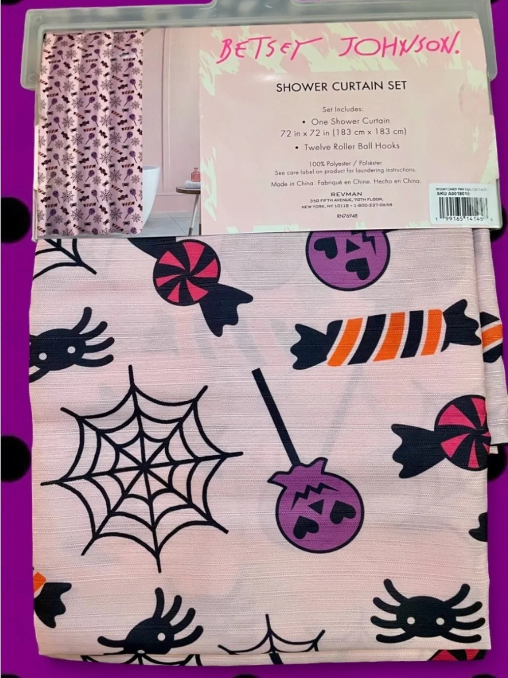 NWT Betsey Johnson Pink Halloween Spooky Spider & Candy Shower Curtain Set
